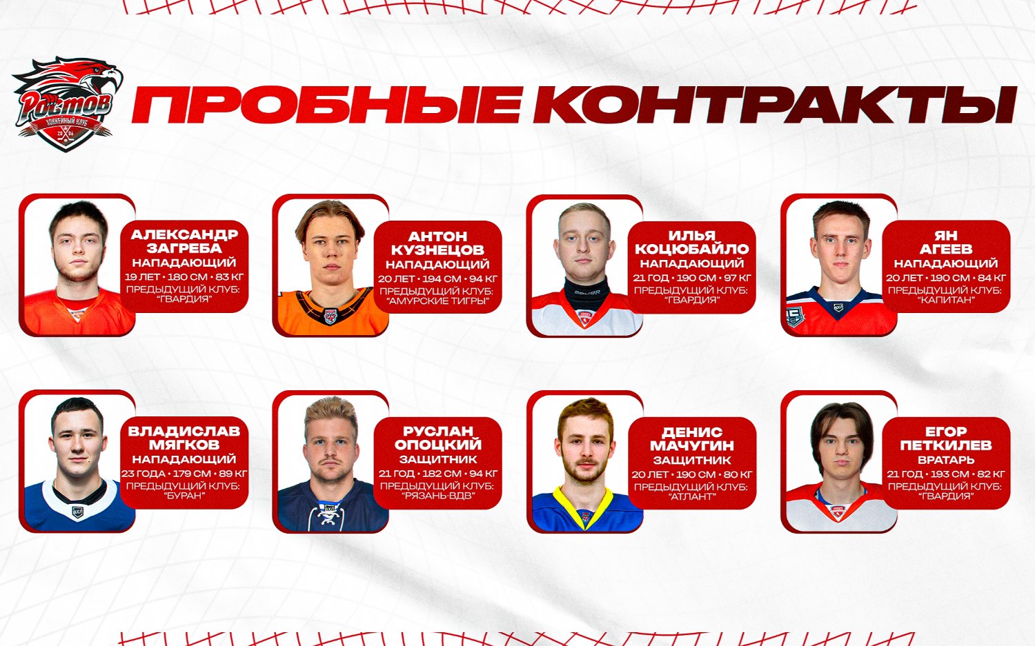 8 игроков подписали пробные контракты с ХК "Ростов"
